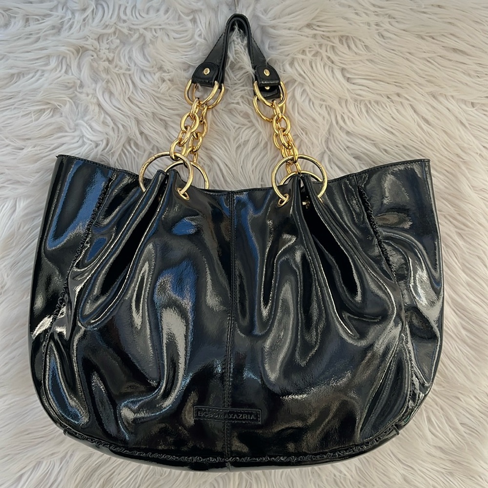 BCBGMaxAzria Glossy Black Tote with Gold Accents